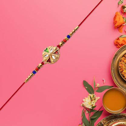 Designer Floral Rakhi With Mirror Work  Colorful Beads On Red Thread