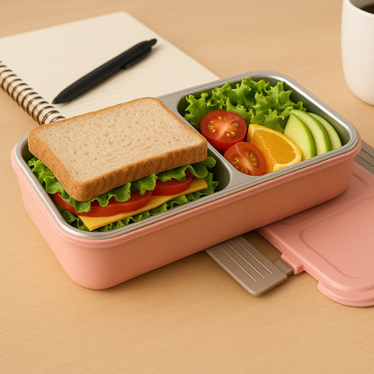 5583 Miracle Quick Lock Leak Proof 2 Compartment Stainless Steel Lunch Box Inner Plate Reusable Microwave Freezer Safe Lunch Box Trendy Thermal Insulation Leak Proof For Office Vacuum Tiffin Box For Boys  Girls  School  Office Women And Men