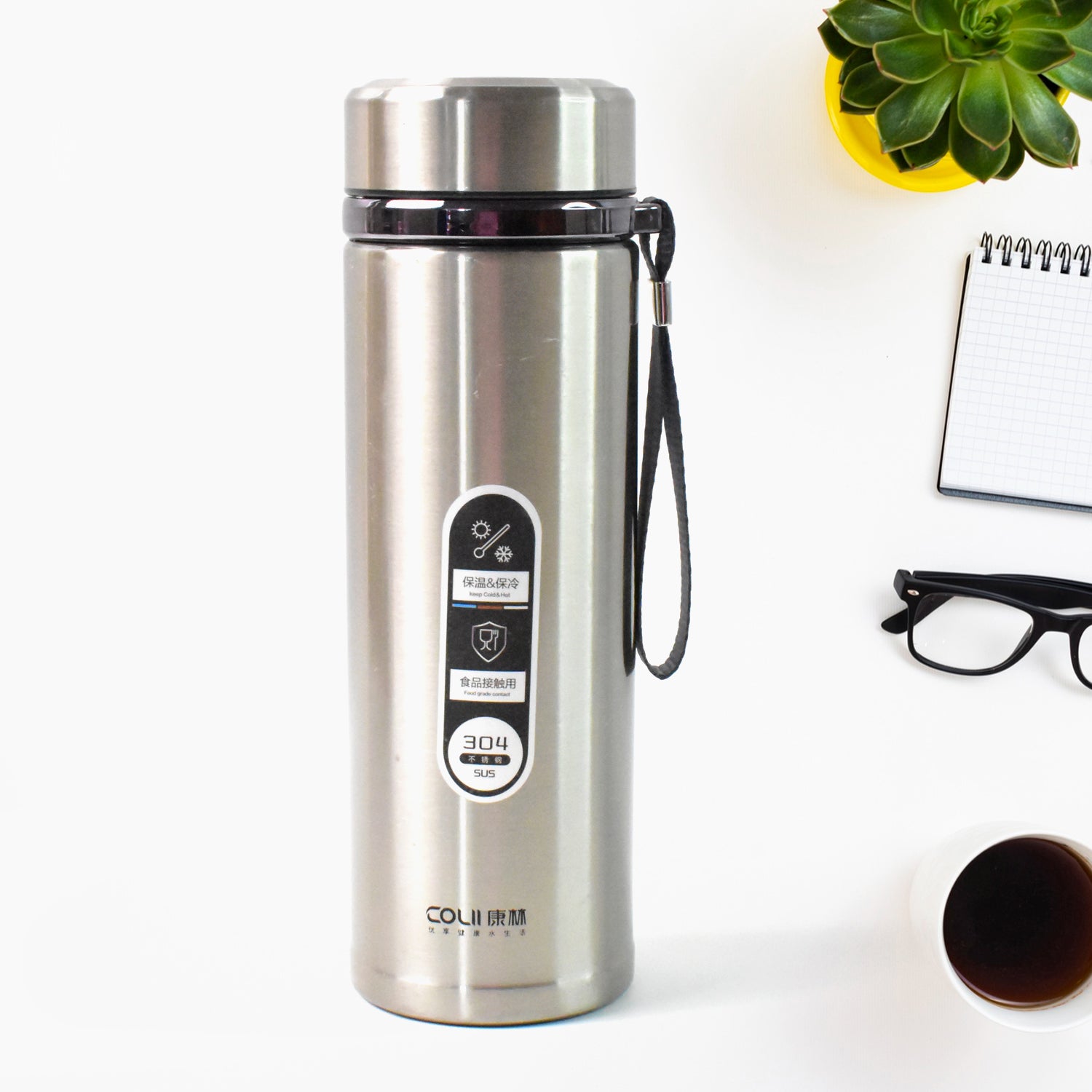 13041 Stainless Steel Vacuum Insulated Water Bottle  Cup  Leak Proof Flask For Tea Coffee  Reusable Water Bottle With Hanging Strap  Bottle For Hot  Cold Drinks Wide Mouth Water Flask (900 Ml  Mix Color)